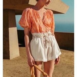 Cleobella Boho Peasant Blouse XS Coral Floral Paisley Organic Cotton Romantic